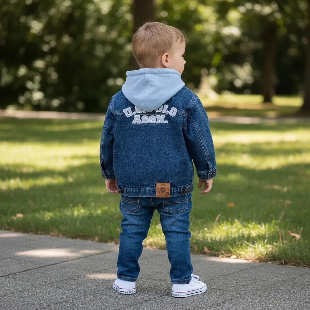 U.S. Polo Assn. Spell Out Blue Denim Embroidered Hoodie Jean Jacket Size 18 M